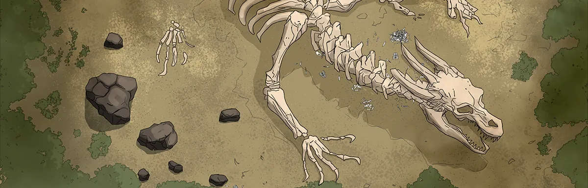 Hand-drawn fantasy battle map featuring the remains of a giant creature